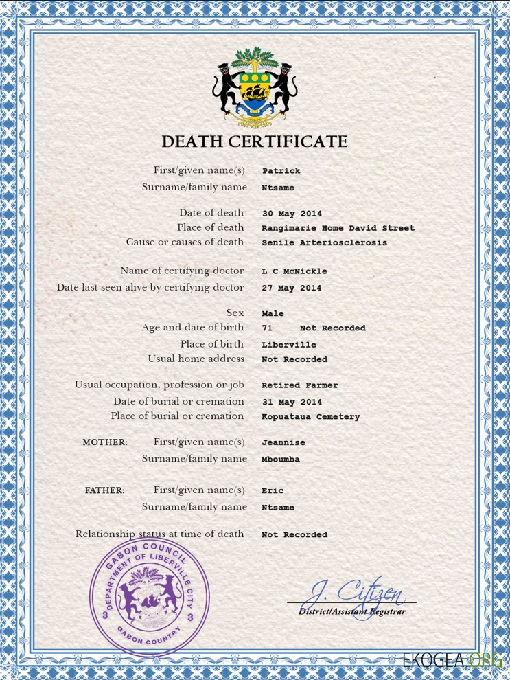 Modèle PSD de certificat de décès de l'état civil du Gabon